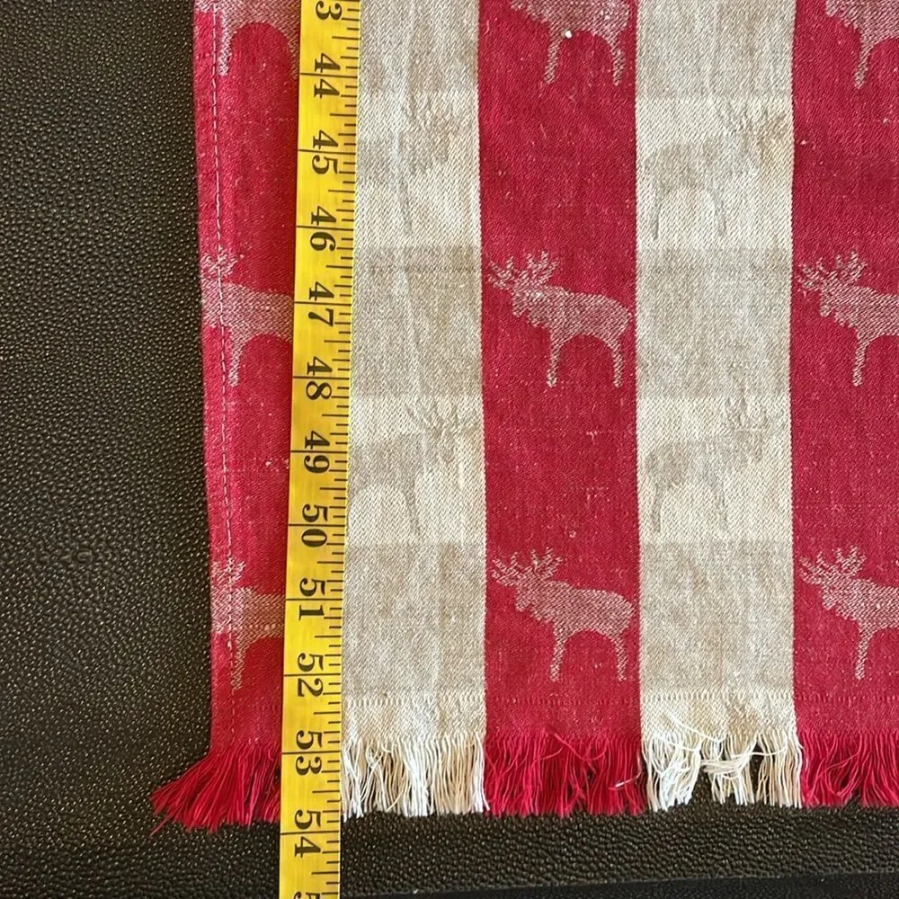 Linen Tablerunner Reindeer woven fabric red/ natural